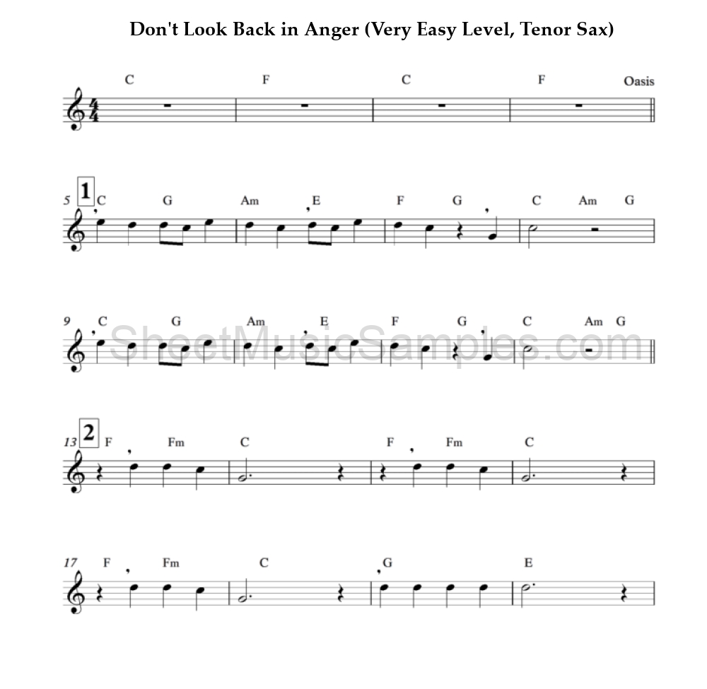 Don't Look Back in Anger (Very Easy Level, Tenor Sax)