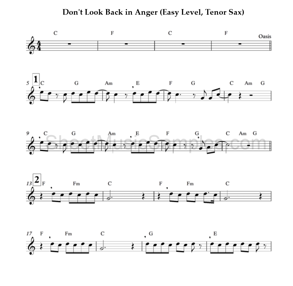 Don't Look Back in Anger (Easy Level, Tenor Sax)