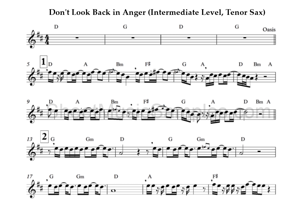 Don't Look Back in Anger (Intermediate Level, Tenor Sax)