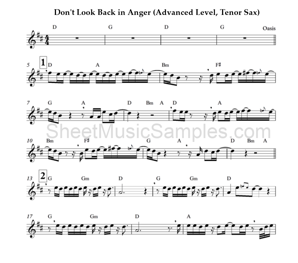 Don't Look Back in Anger (Advanced Level, Tenor Sax)