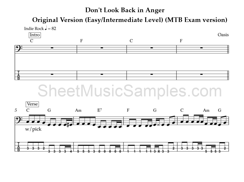 Don't Look Back in Anger - Original Version (Easy/Intermediate Level) (MTB Exam version)