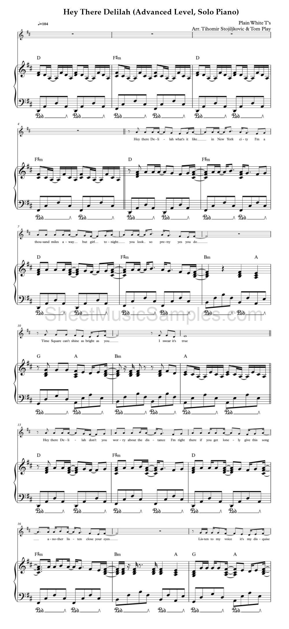 Hey There Delilah (Advanced Level, Solo Piano)