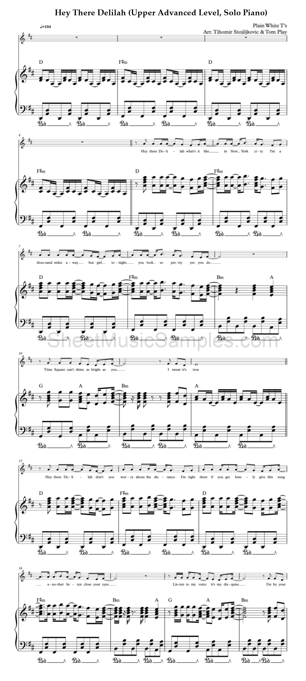 Hey There Delilah (Upper Advanced Level, Solo Piano)