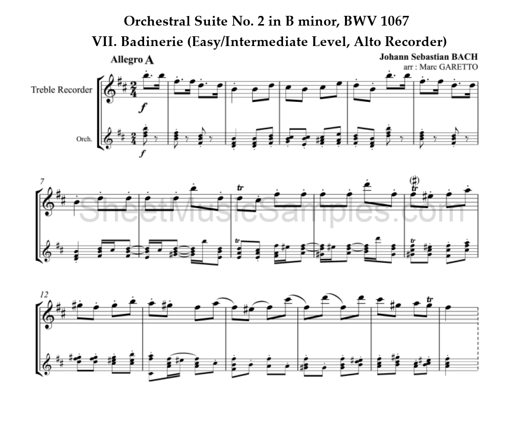 Orchestral Suite No. 2 in B minor, BWV 1067 - VII. Badinerie (Easy/Intermediate Level, Alto Recorder)