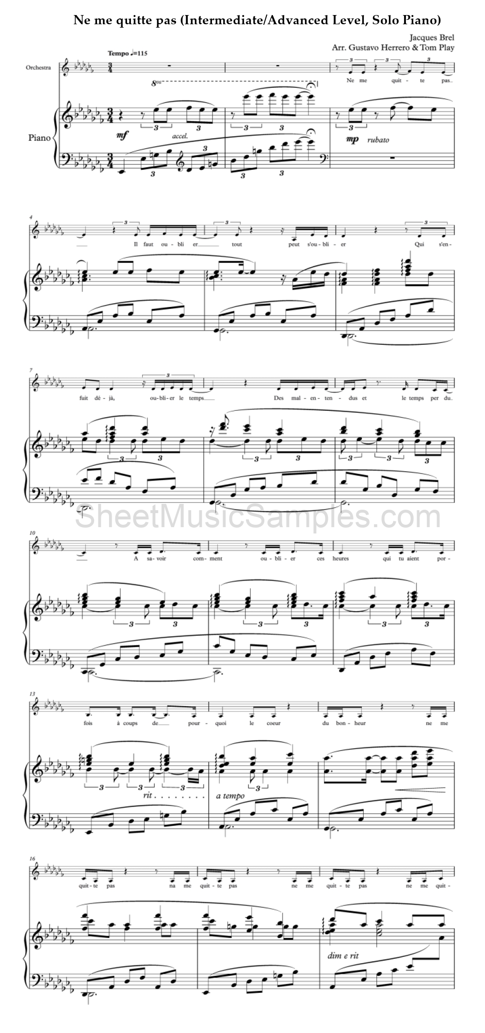 Ne me quitte pas (Intermediate/Advanced Level, Solo Piano)