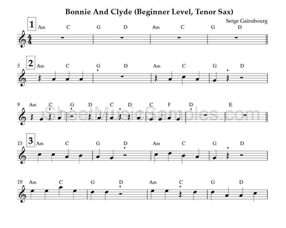 Bonnie And Clyde (Beginner Level, Tenor Sax)