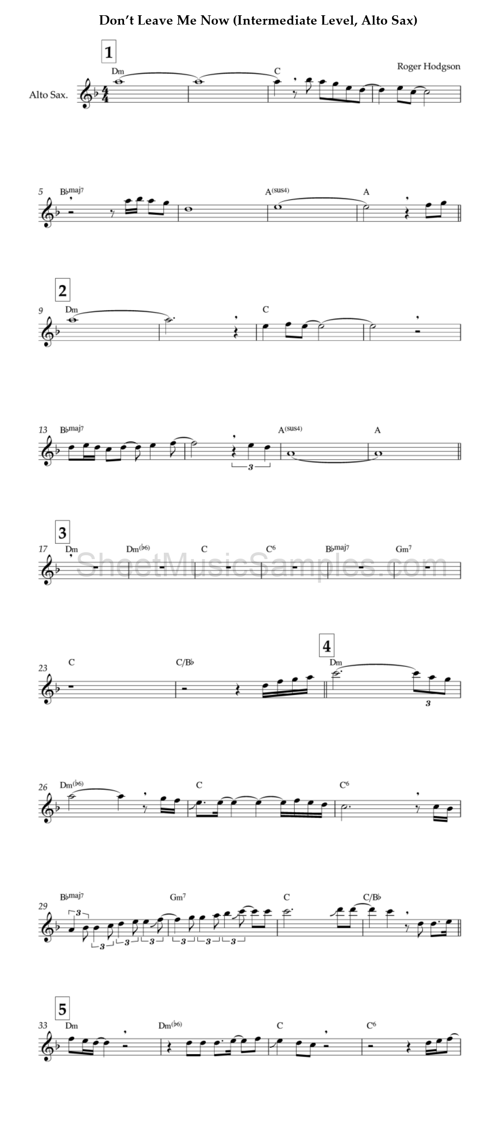 Don’t Leave Me Now (Intermediate Level, Alto Sax)