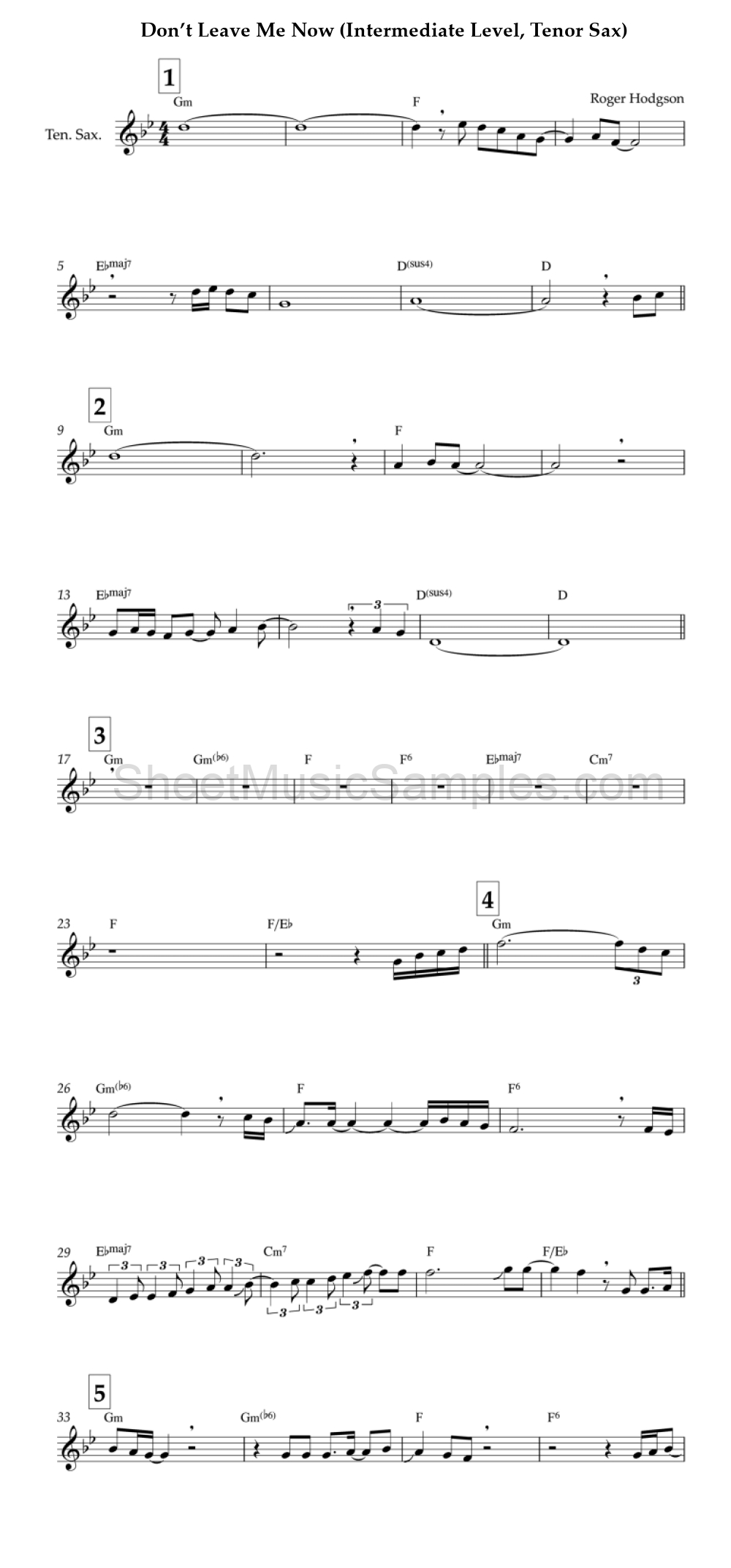 Don’t Leave Me Now (Intermediate Level, Tenor Sax)