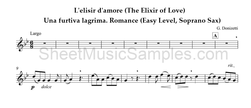 L'elisir d'amore (The Elixir of Love) - Una furtiva lagrima. Romance (Easy Level, Soprano Sax)