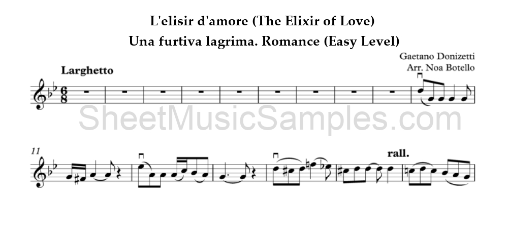 L'elisir d'amore (The Elixir of Love) - Una furtiva lagrima. Romance (Easy Level)