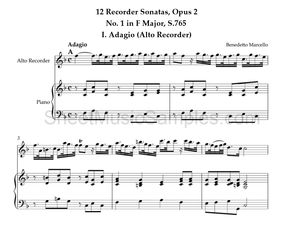 12 Recorder Sonatas, Opus 2 - No. 1 in F Major, S.765 - I. Adagio (Alto Recorder)