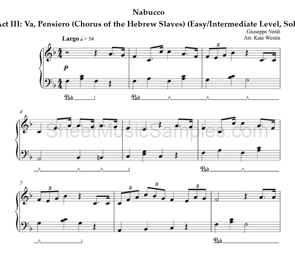 Nabucco - Act III: Va, Pensiero (Chorus of the Hebrew Slaves) (Easy/Intermediate Level, Solo Piano)