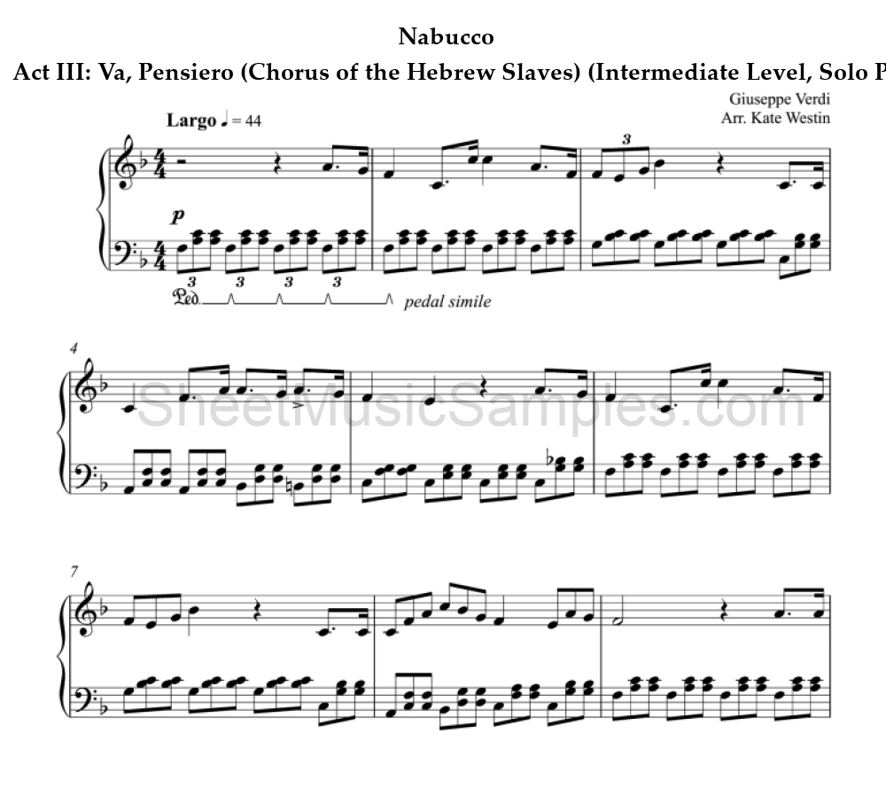 Nabucco - Act III: Va, Pensiero (Chorus of the Hebrew Slaves) (Intermediate Level, Solo Piano)