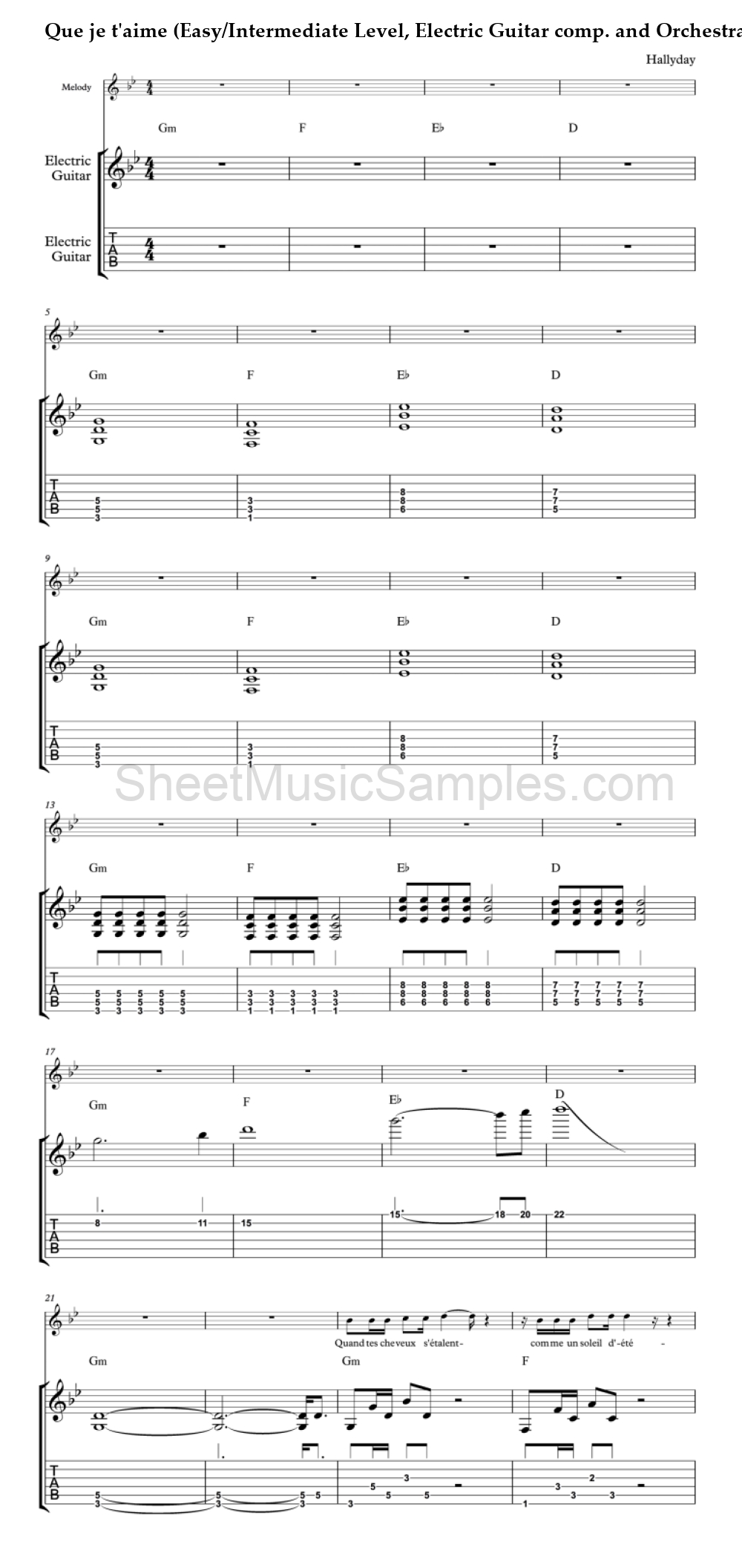 Que je t'aime (Easy/Intermediate Level, Electric Guitar comp. and Orchestra)