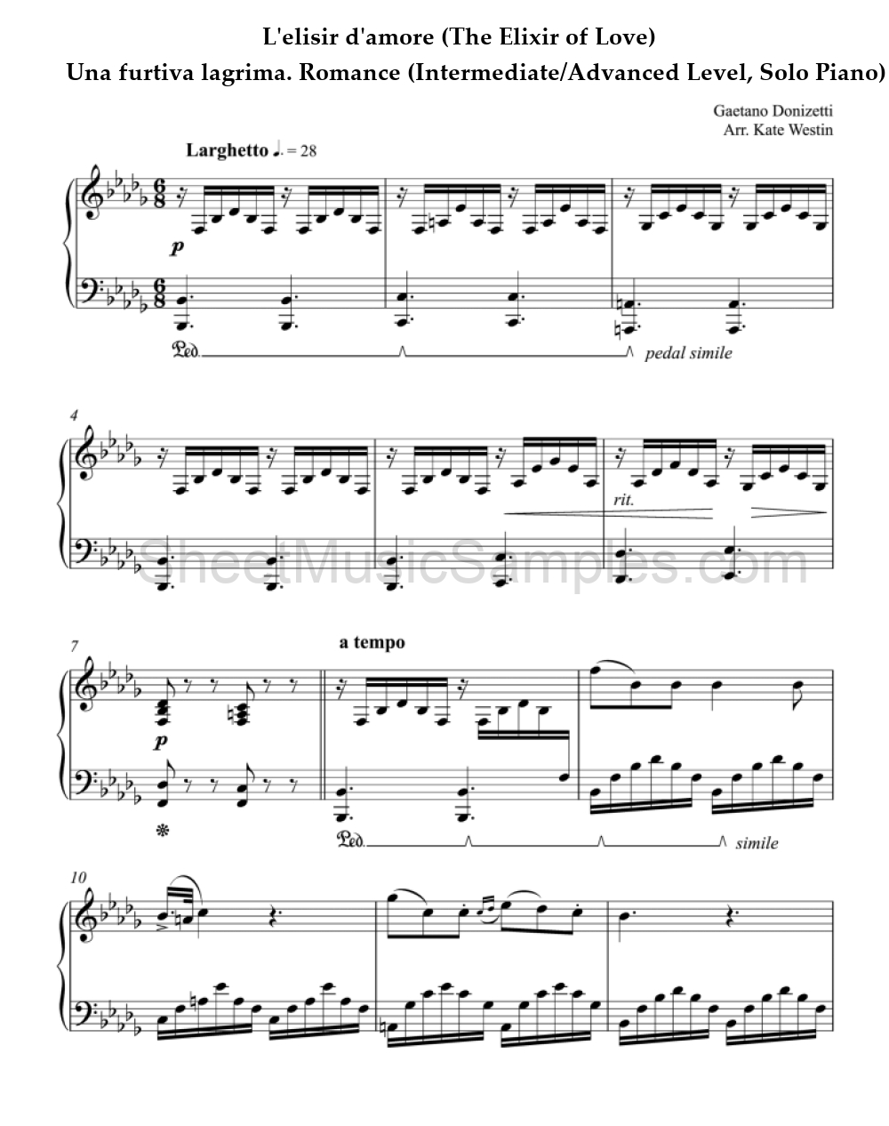 L'elisir d'amore (The Elixir of Love) - Una furtiva lagrima. Romance (Intermediate/Advanced Level, Solo Piano)