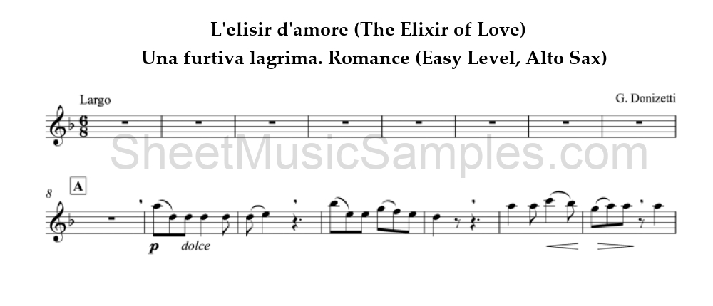 L'elisir d'amore (The Elixir of Love) - Una furtiva lagrima. Romance (Easy Level, Alto Sax)