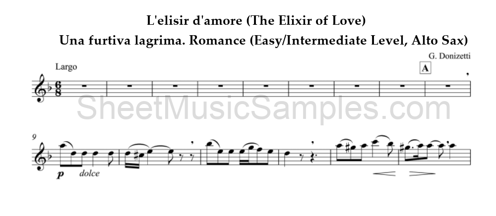 L'elisir d'amore (The Elixir of Love) - Una furtiva lagrima. Romance (Easy/Intermediate Level, Alto Sax)