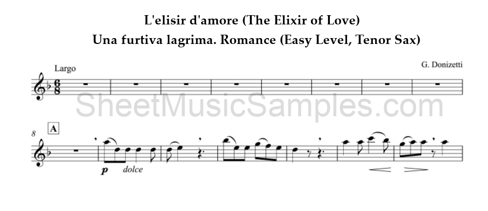 L'elisir d'amore (The Elixir of Love) - Una furtiva lagrima. Romance (Easy Level, Tenor Sax)