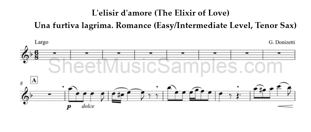 L'elisir d'amore (The Elixir of Love) - Una furtiva lagrima. Romance (Easy/Intermediate Level, Tenor Sax)