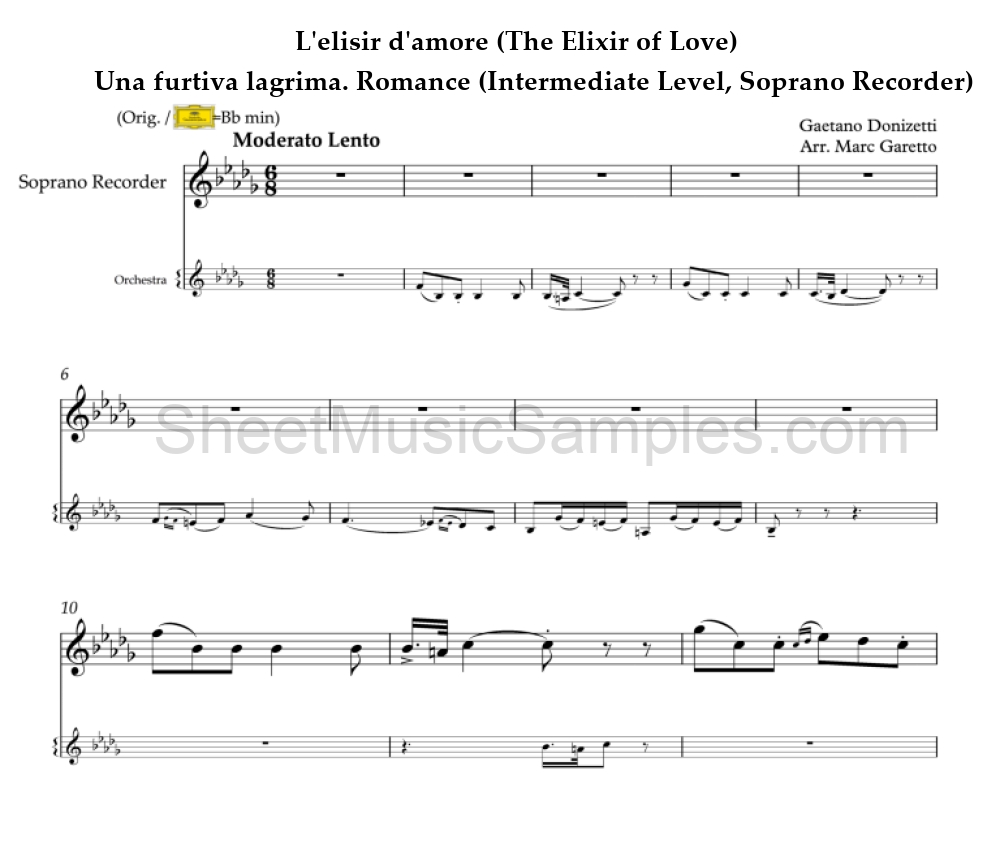 L'elisir d'amore (The Elixir of Love) - Una furtiva lagrima. Romance (Intermediate Level, Soprano Recorder)