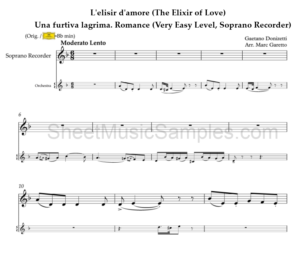 L'elisir d'amore (The Elixir of Love) - Una furtiva lagrima. Romance (Very Easy Level, Soprano Recorder)