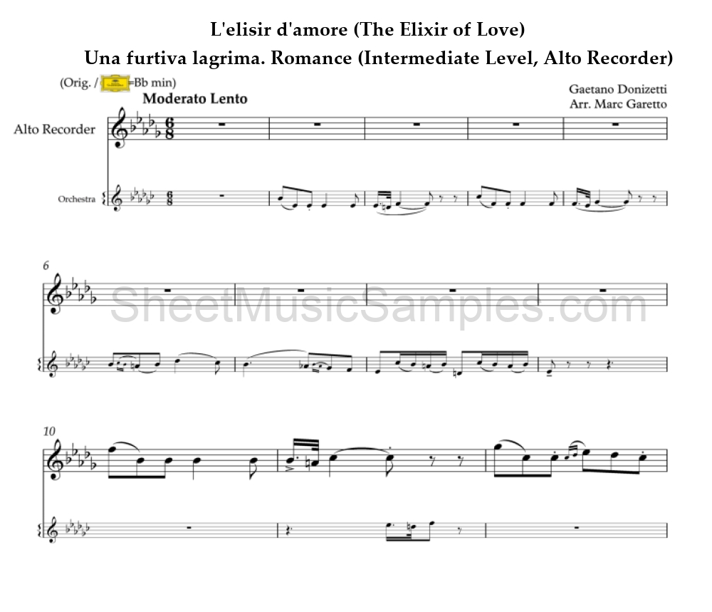 L'elisir d'amore (The Elixir of Love) - Una furtiva lagrima. Romance (Intermediate Level, Alto Recorder)