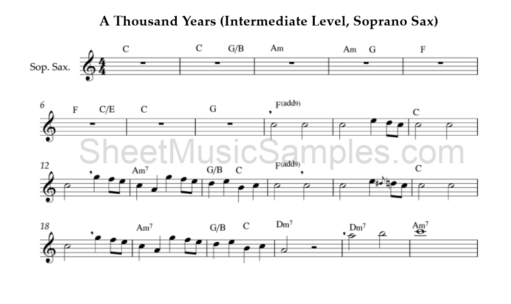 A Thousand Years (Intermediate Level, Soprano Sax)