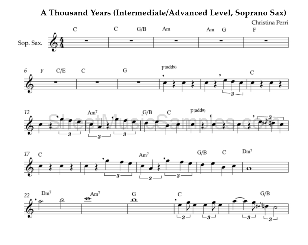 A Thousand Years (Intermediate/Advanced Level, Soprano Sax)