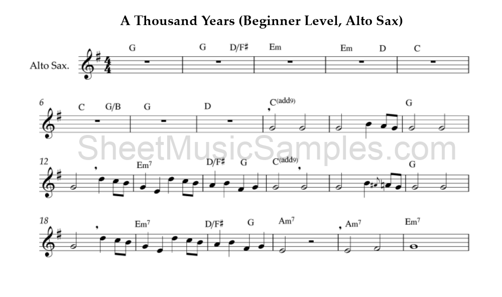 A Thousand Years (Beginner Level, Alto Sax)