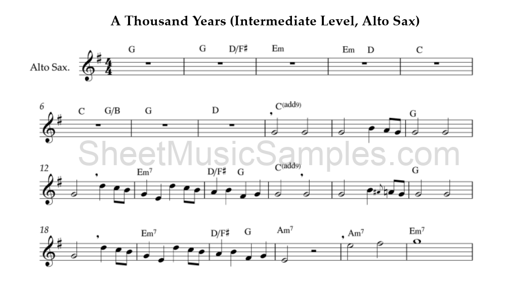 A Thousand Years (Intermediate Level, Alto Sax)