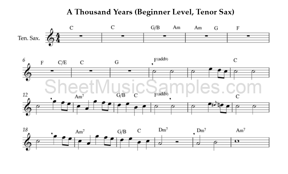 A Thousand Years (Beginner Level, Tenor Sax)