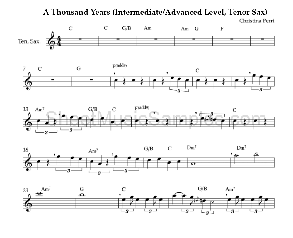 A Thousand Years (Intermediate/Advanced Level, Tenor Sax)