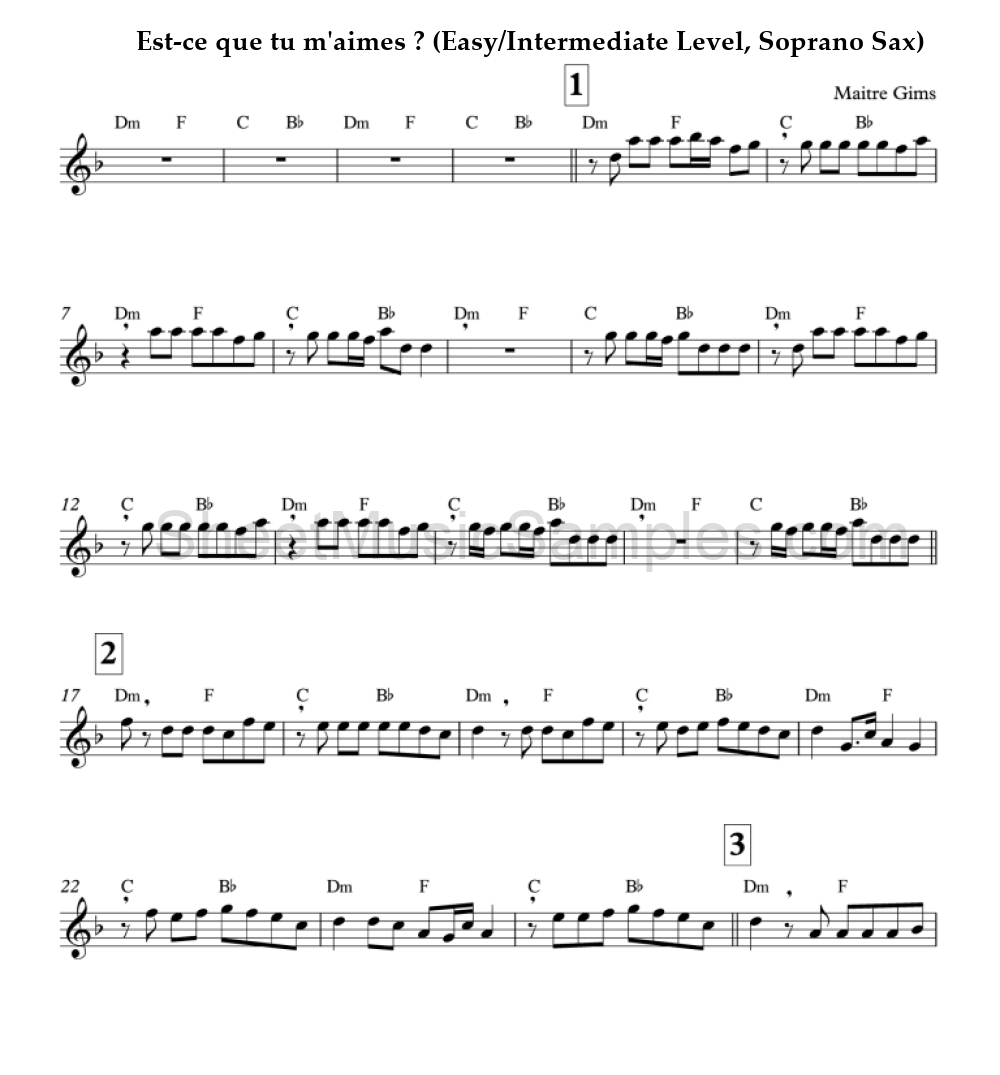 Est-ce que tu m'aimes ? (Easy/Intermediate Level, Soprano Sax)