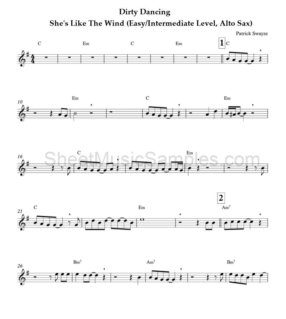 Dirty Dancing - She's Like The Wind (Easy/Intermediate Level, Alto Sax)