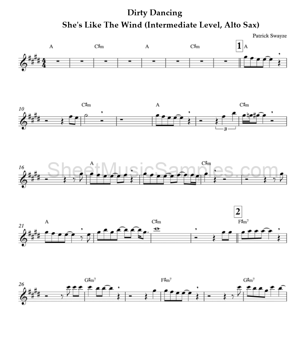 Dirty Dancing - She's Like The Wind (Intermediate Level, Alto Sax)