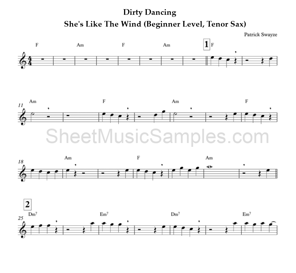 Dirty Dancing - She's Like The Wind (Beginner Level, Tenor Sax)