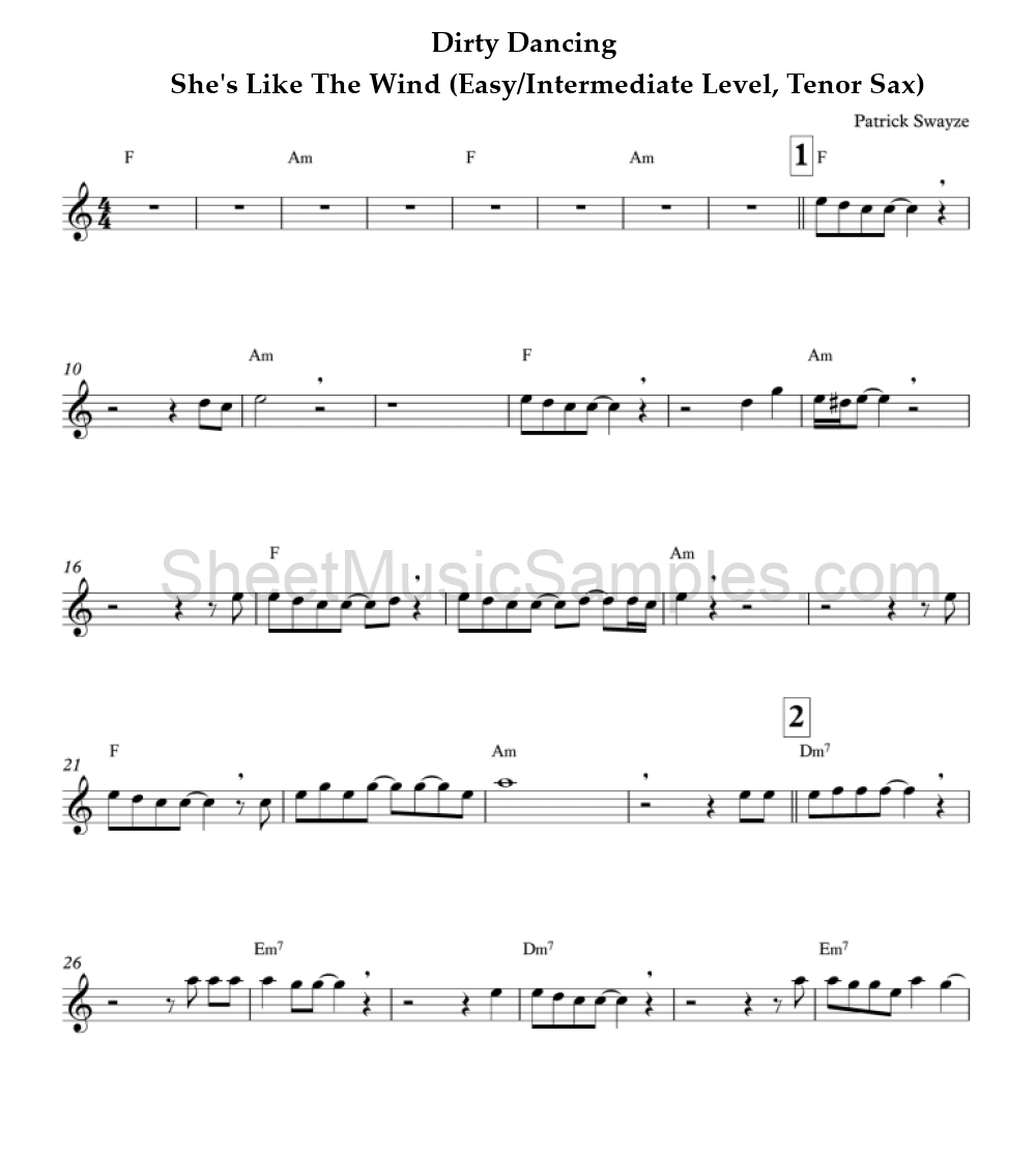 Dirty Dancing - She's Like The Wind (Easy/Intermediate Level, Tenor Sax)