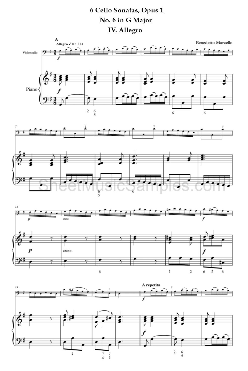 6 Cello Sonatas, Opus 1 - No. 6 in G Major - IV. Allegro