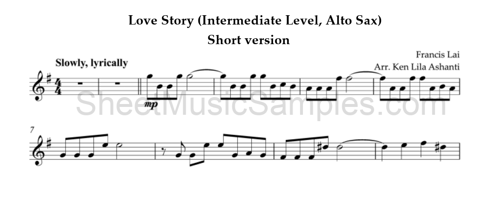 Love Story (Intermediate Level, Alto Sax) - Short version