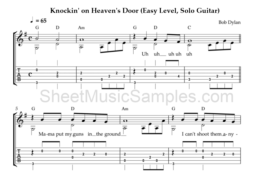 Knockin' on Heaven's Door (Easy Level, Solo Guitar)