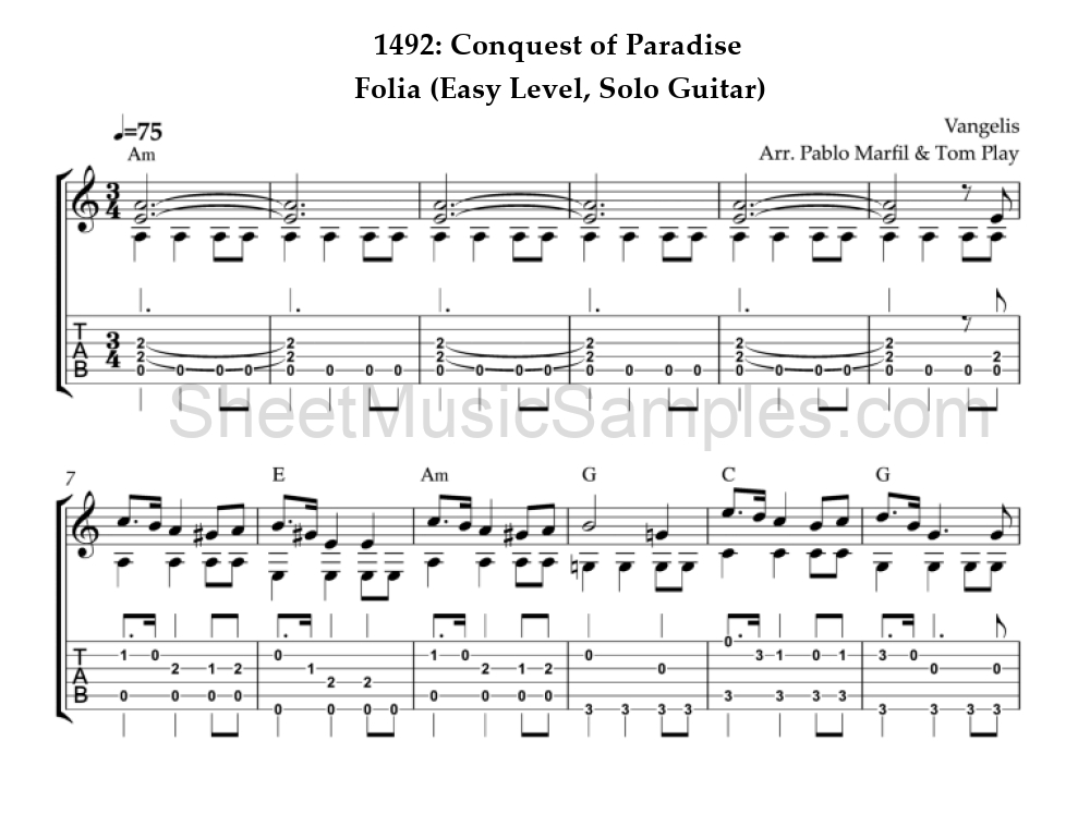 1492: Conquest of Paradise - Folia (Easy Level, Solo Guitar)