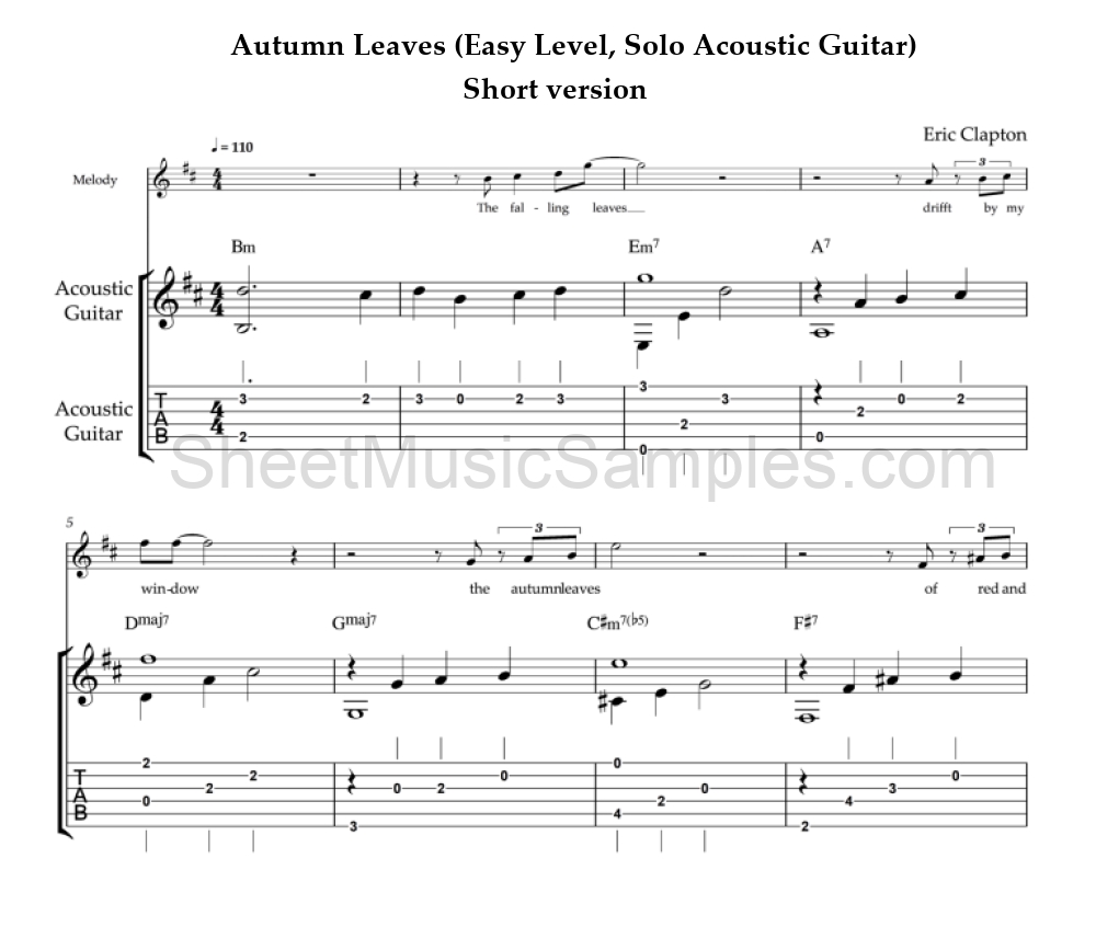 Autumn Leaves (Easy Level, Solo Acoustic Guitar) - Short version