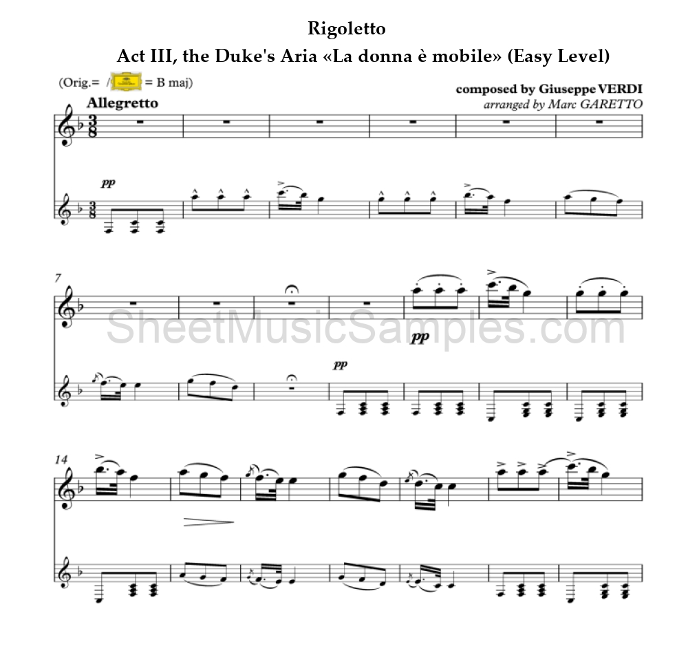 Rigoletto - Act III, the Duke's Aria «La donna è mobile» (Easy Level)