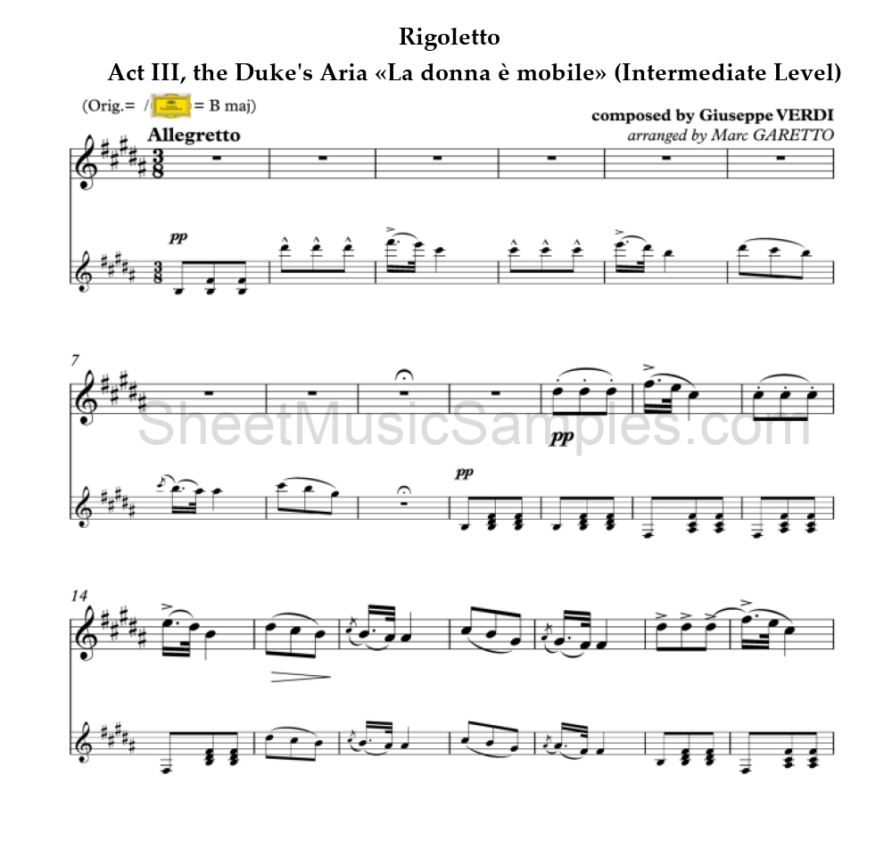 Rigoletto - Act III, the Duke's Aria «La donna è mobile» (Intermediate Level)