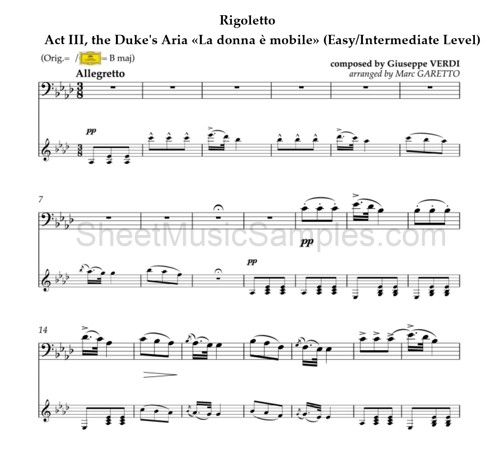 Rigoletto - Act III, the Duke's Aria «La donna è mobile» (Easy/Intermediate Level)