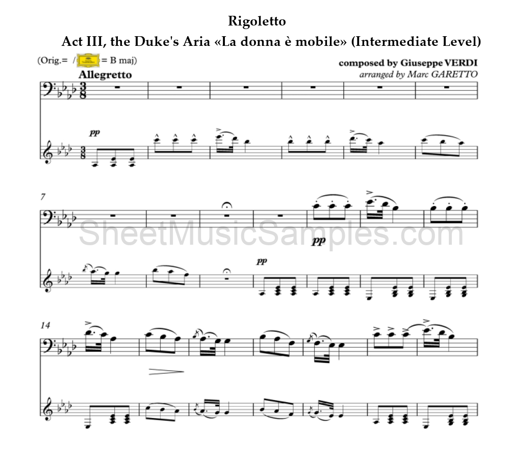 Rigoletto - Act III, the Duke's Aria «La donna è mobile» (Intermediate Level)