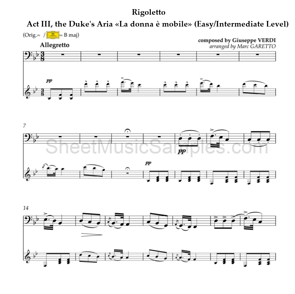 Rigoletto - Act III, the Duke's Aria «La donna è mobile» (Easy/Intermediate Level)