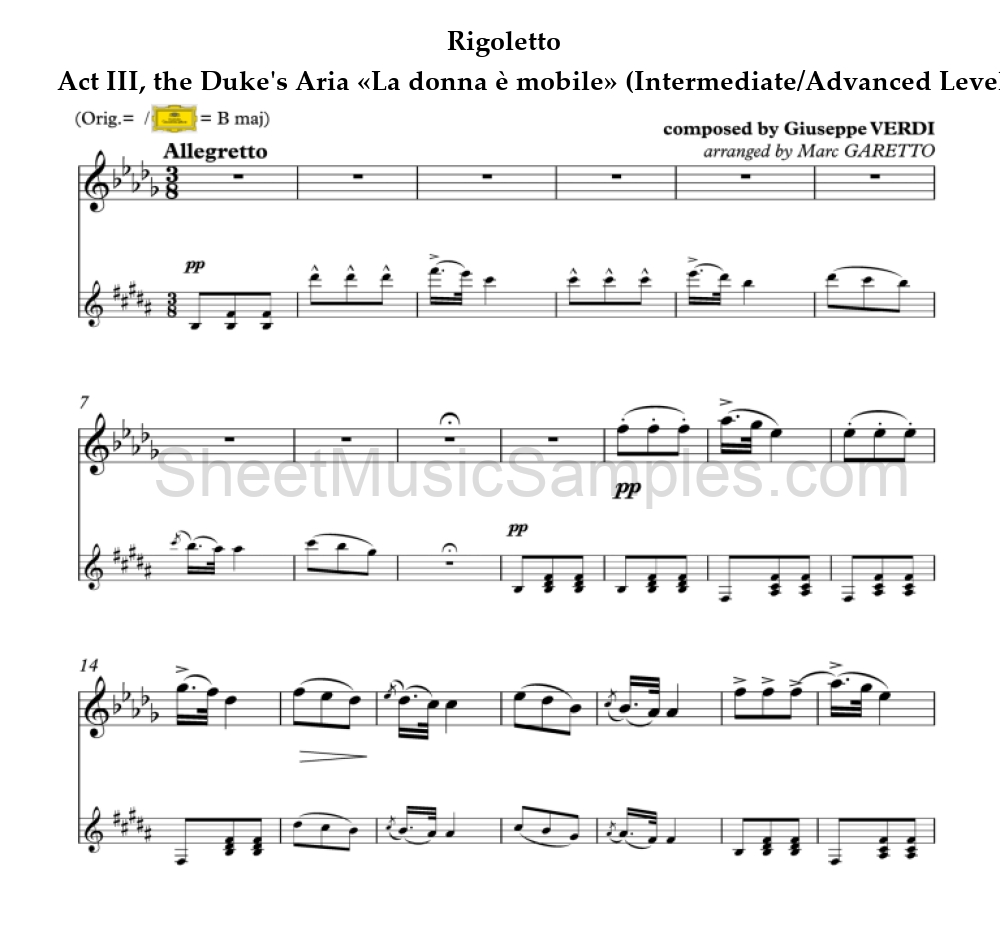 Rigoletto - Act III, the Duke's Aria «La donna è mobile» (Intermediate/Advanced Level)