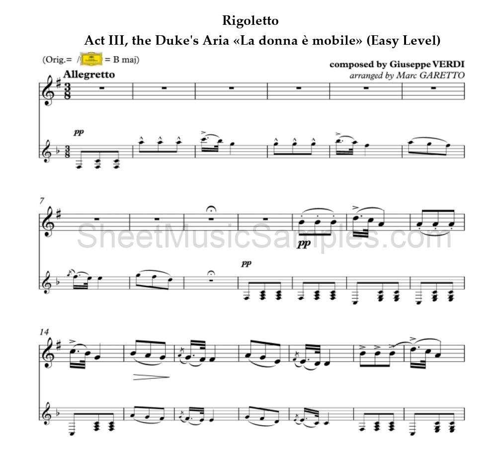 Rigoletto - Act III, the Duke's Aria «La donna è mobile» (Easy Level)