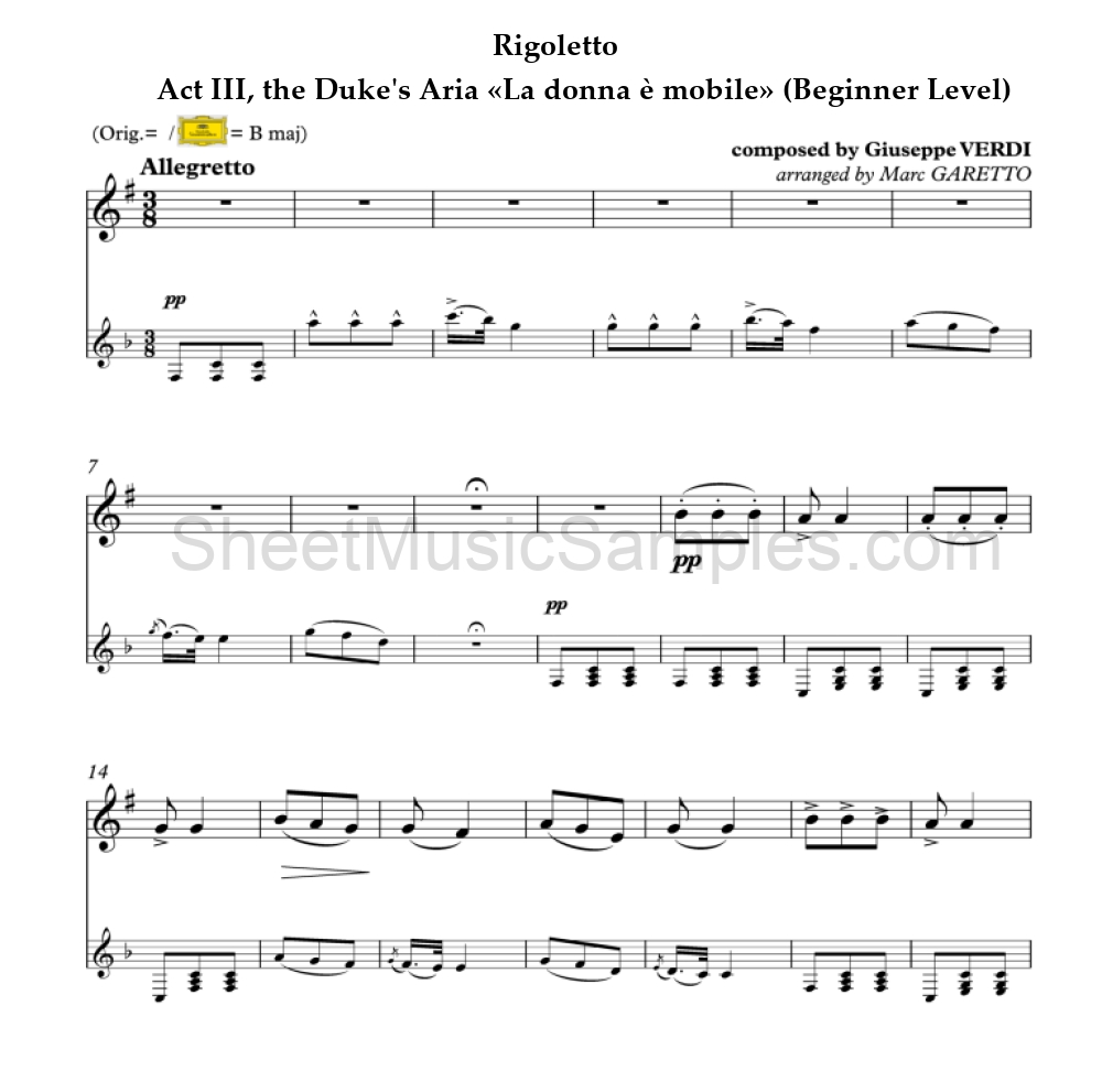 Rigoletto - Act III, the Duke's Aria «La donna è mobile» (Beginner Level)